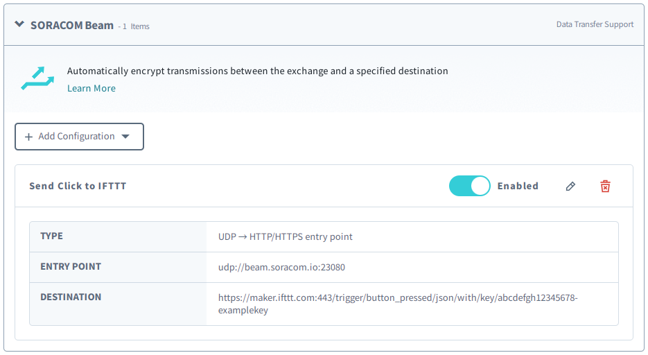 Soracom Beam with UDP to HTTP/HTTPS configured