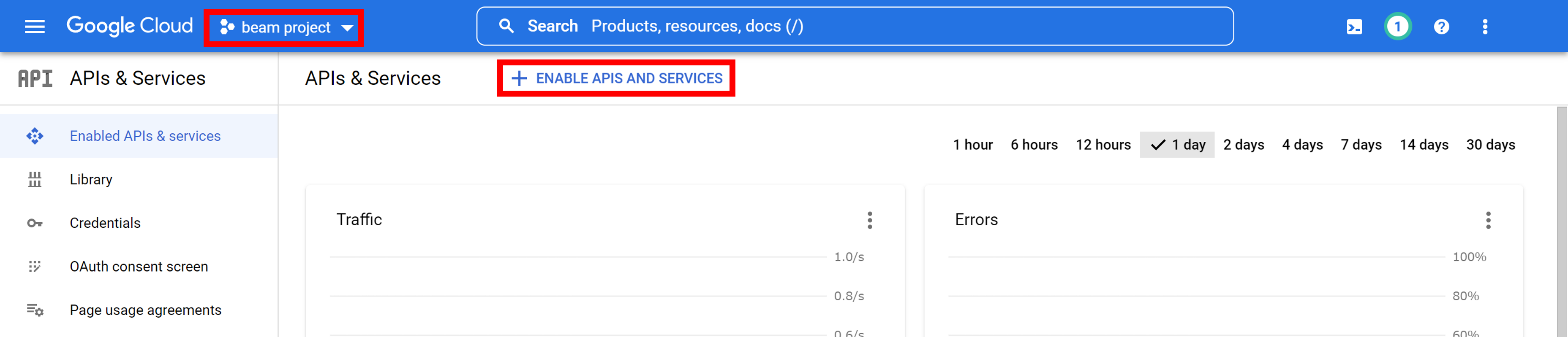 Enable APIs and Services Button