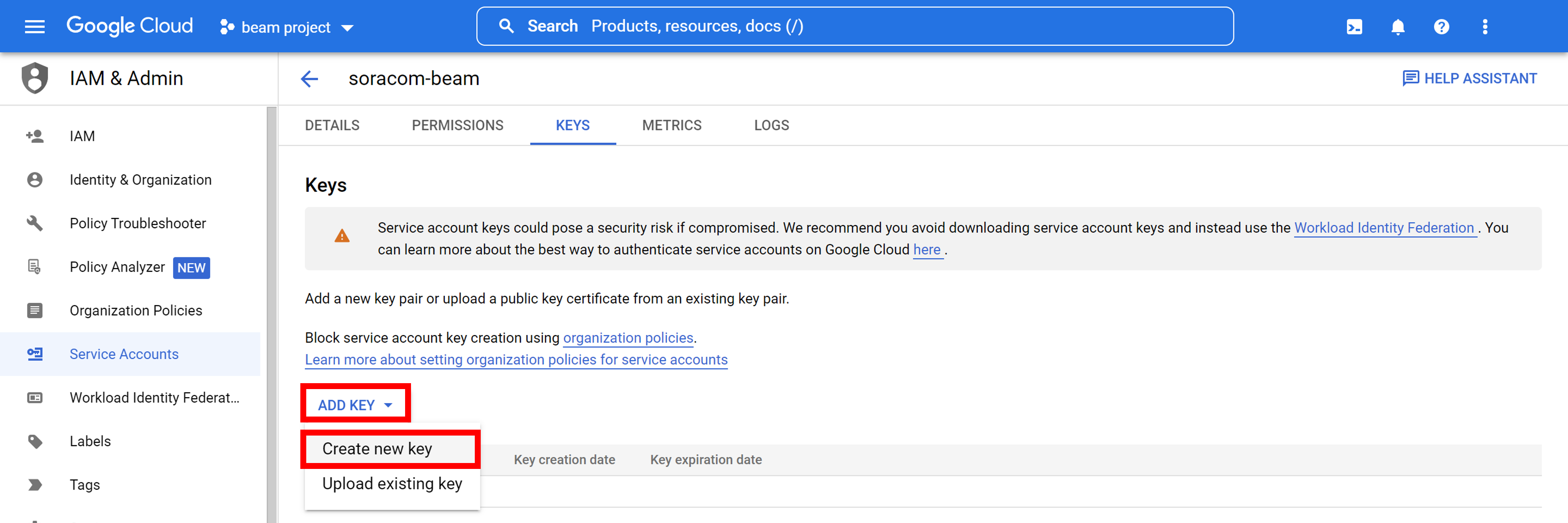 Create New Key Option