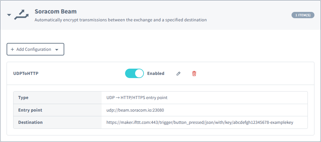 Soracom Beam with UDP to HTTP/HTTPS configured