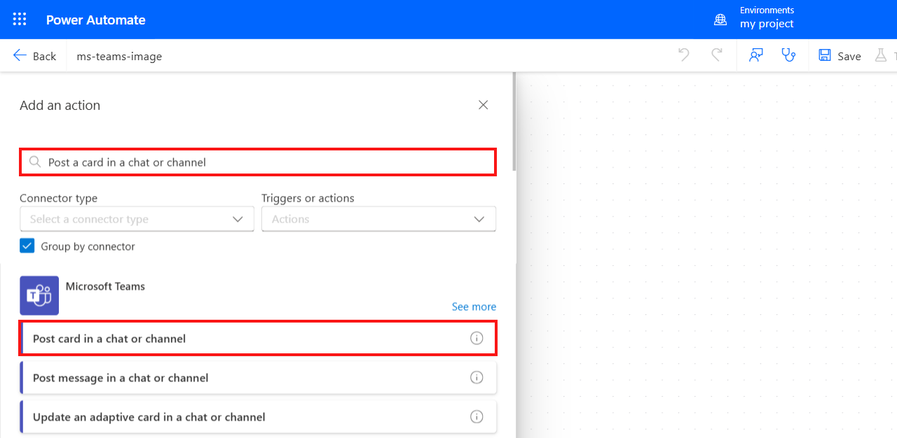 Screenshot of the action search panel for Post message in a chat or channel.