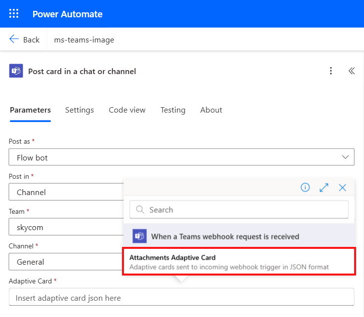 Screenshot displaying the Attachments Adaptive Card option in Microsoft Power Automate.