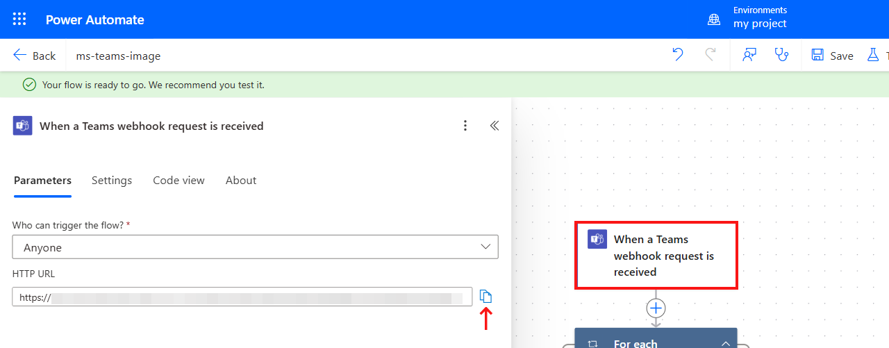 Screenshot emphasizing the HTTP URL field in the When an HTTP request is received trigger.
