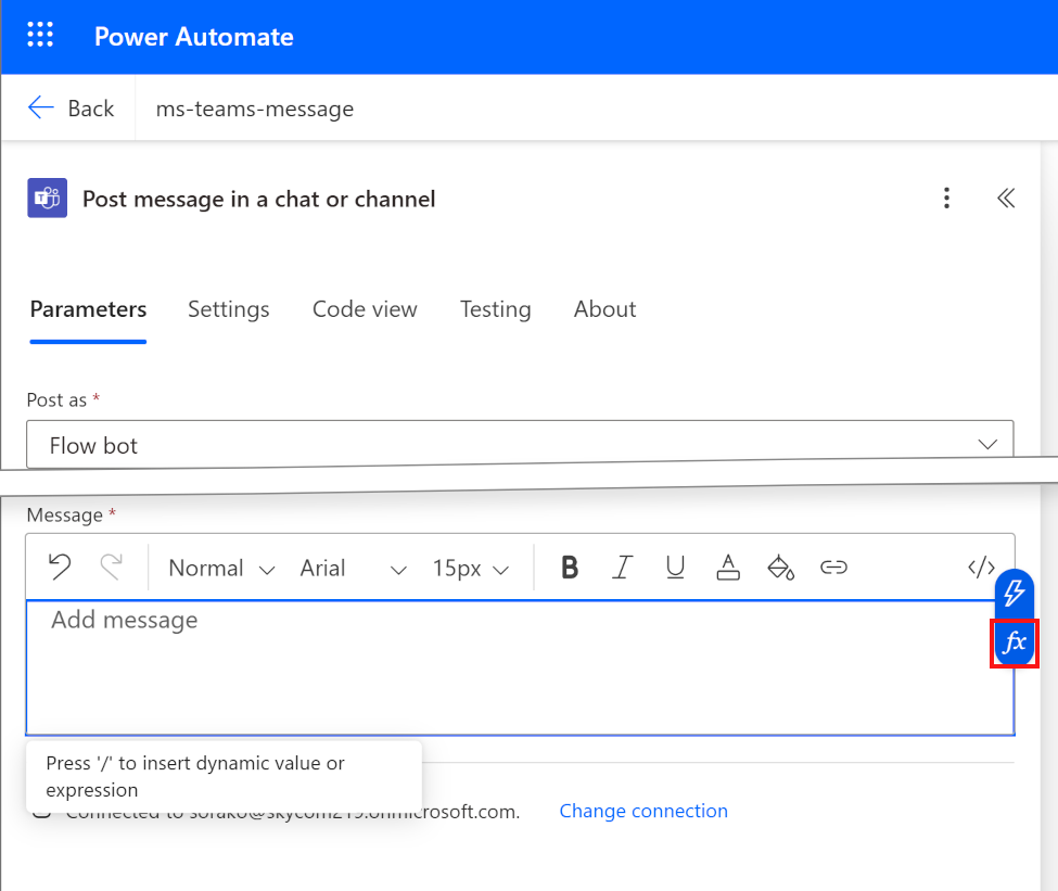 Screenshot highlighting the selection of Message from the dynamic content list.