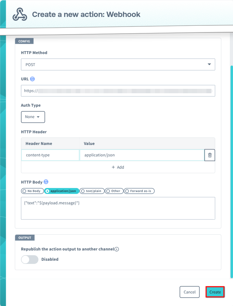 Screenshot of completed Config and Output sections.