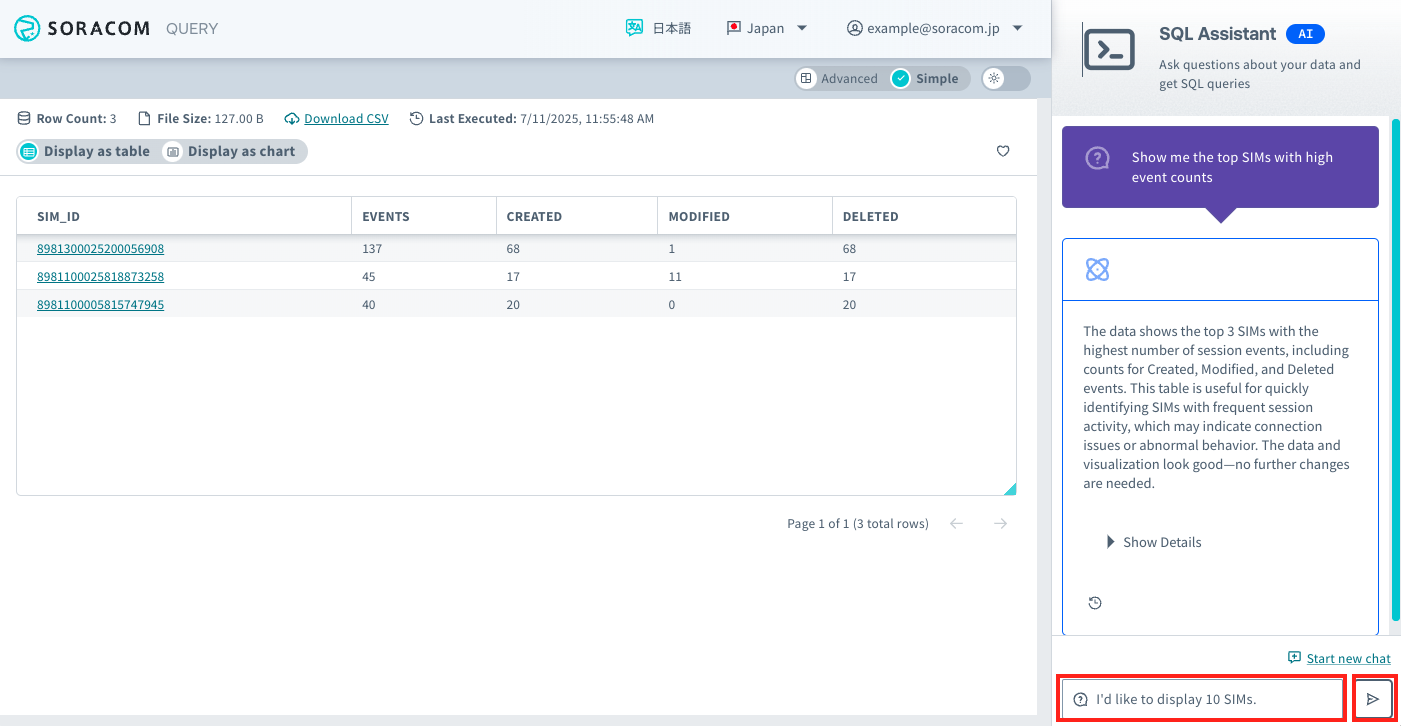 Query results showing top 3 active SIMs data