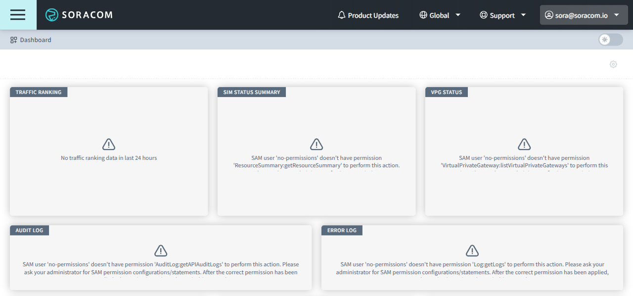 Screenshot of a SAM User without permissions to see the Dashboard