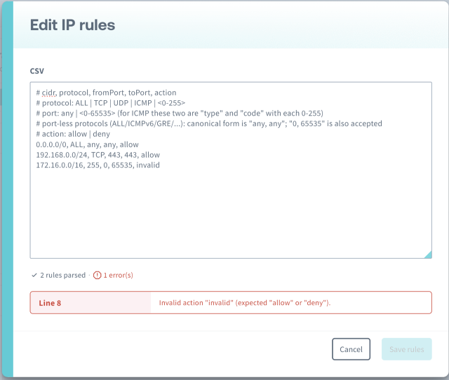 The CSV bulk edit editor with a line error; the offending line is reported with its line number and the Save rules button is disabled