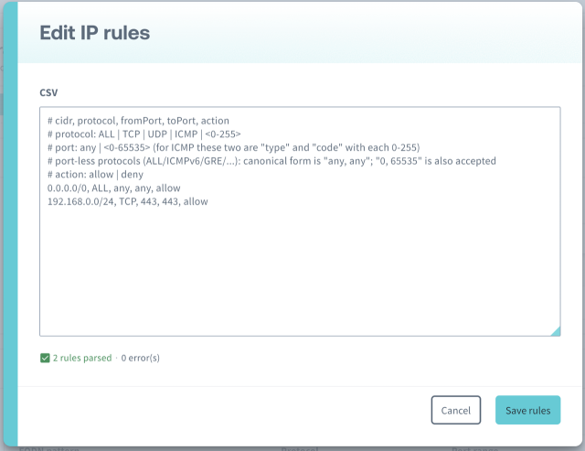 The CSV bulk edit editor, showing the parsed-rule and error count